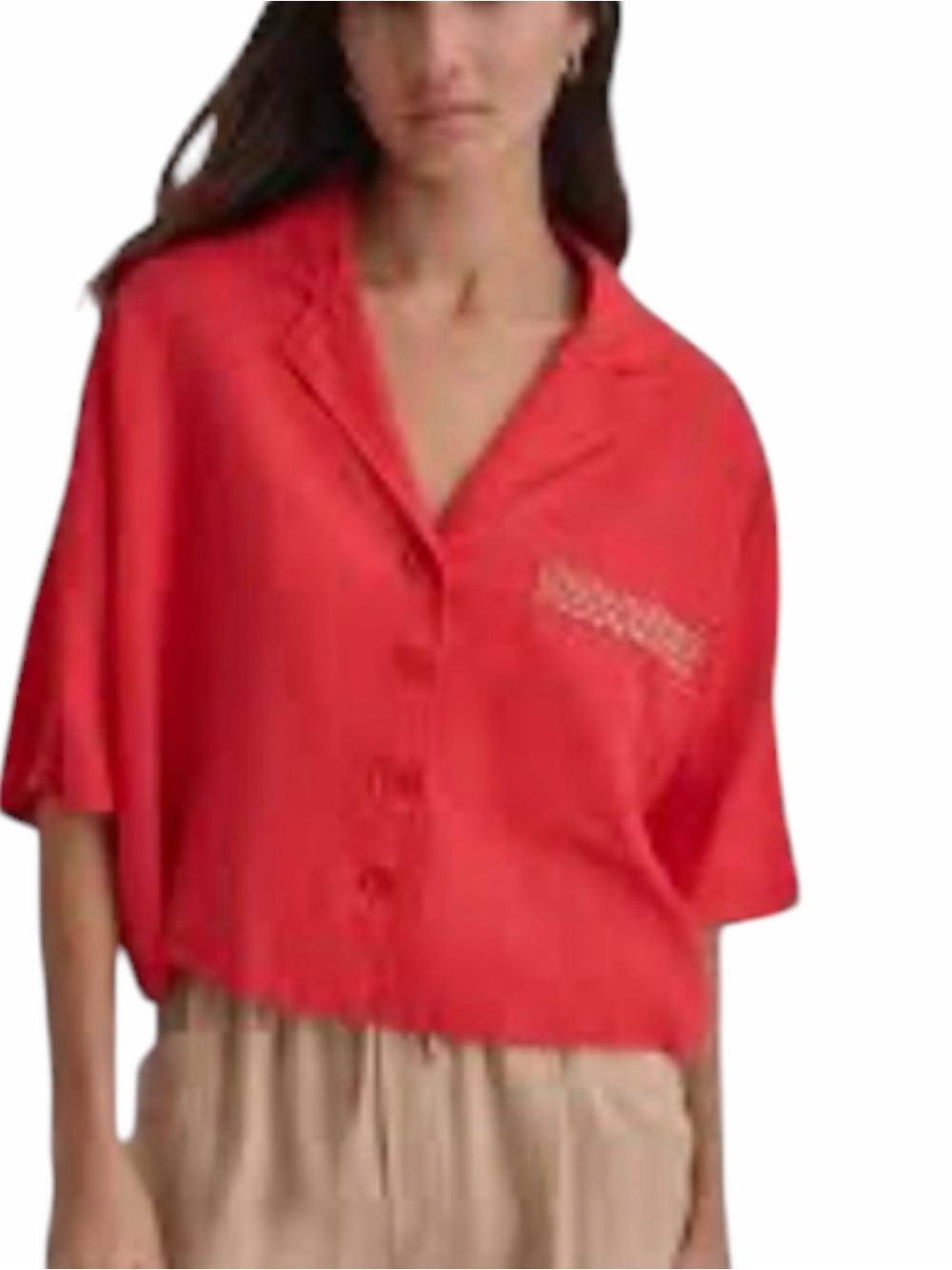 DKNY Drop Shoulder Boxy Linen Button Red Top Detail Pocket Women Size XL NWT
